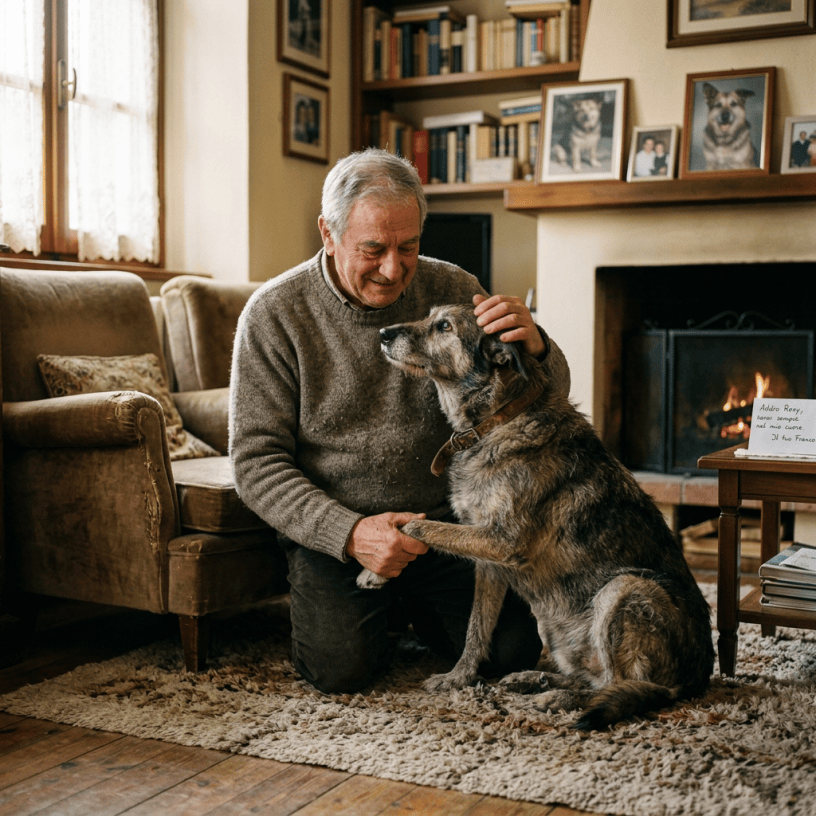Older man sitting beside and embracing a large dog near a fireplace
