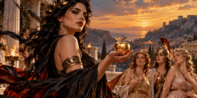 Raffigurazione artistica di Eris, dea greca della discordia, con una mela d'oro in mano, mentre Era, Atena e Afrodite osservano sullo sfondo in un suggestivo paesaggio dell'antica Grecia.