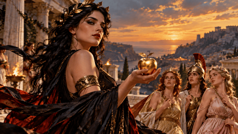 Raffigurazione artistica di Eris, dea greca della discordia, con una mela d'oro in mano, mentre Era, Atena e Afrodite osservano sullo sfondo in un suggestivo paesaggio dell'antica Grecia.