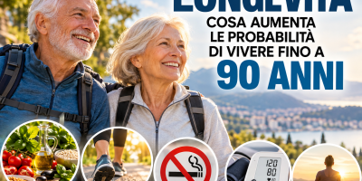 Coppia anziana attiva durante una passeggiata, con simboli di alimentazione sana, attività fisica, stop al fumo e controllo della pressione, fattori associati alla longevità.