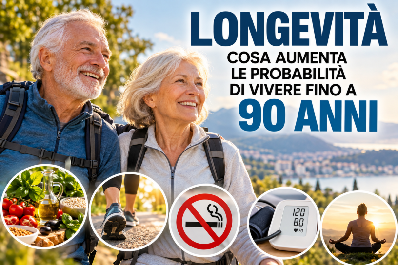 Coppia anziana attiva durante una passeggiata, con simboli di alimentazione sana, attività fisica, stop al fumo e controllo della pressione, fattori associati alla longevità.