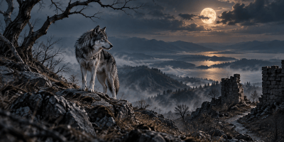 Un lupo solitario su una collina rocciosa osserva una valle avvolta nella nebbia, illuminata dalla luna piena. Immagine simbolica della poesia Come un lupo di Marialuigia Bianchi.