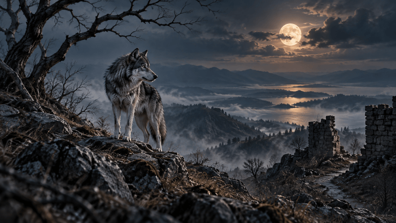 Un lupo solitario su una collina rocciosa osserva una valle avvolta nella nebbia, illuminata dalla luna piena. Immagine simbolica della poesia Come un lupo di Marialuigia Bianchi.