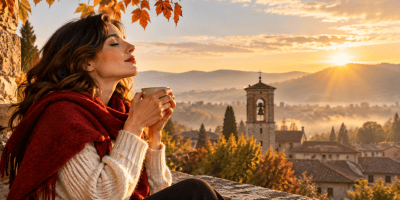 Una giovane donna assapora il calore del sole autunnale sorseggiando una bevanda calda, mentre sullo sfondo un campanile emerge tra le colline illuminate dalla luce del mattino.