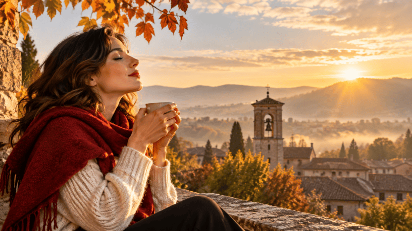 Una giovane donna assapora il calore del sole autunnale sorseggiando una bevanda calda, mentre sullo sfondo un campanile emerge tra le colline illuminate dalla luce del mattino.
