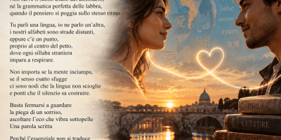 Oltre la lingua di Giuseppina De Biase, immagine poetica con due persone, un cuore luminoso, un ponte e simboli di lingue e culture diverse.