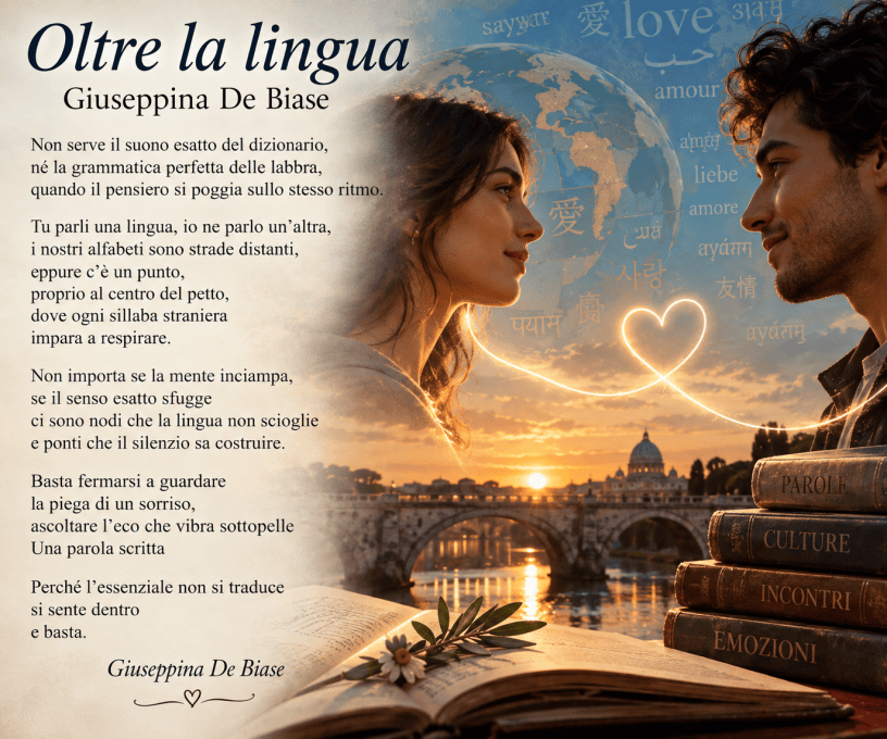 Oltre la lingua di Giuseppina De Biase, immagine poetica con due persone, un cuore luminoso, un ponte e simboli di lingue e culture diverse.