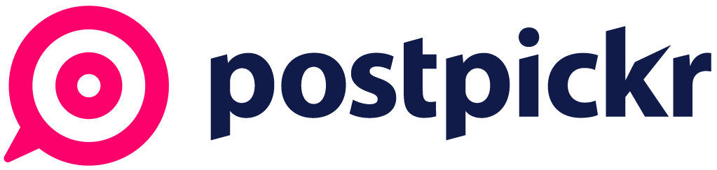 Logo of Postpickr, featuring a pink speech bubble icon and navy blue text.