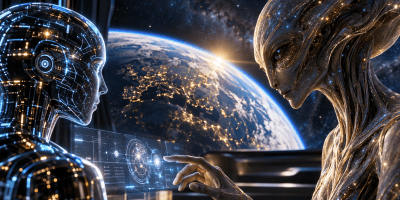 Intelligenza Artificiale dialoga con un alieno nello spazio con la Terra sullo sfondo.