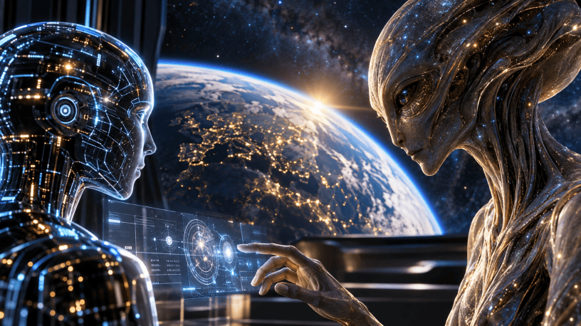 Intelligenza Artificiale dialoga con un alieno nello spazio con la Terra sullo sfondo.