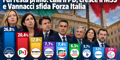 Grafica sui sondaggi politici italiani di ottobre 2026 con i principali leader e le percentuali della Supermedia YouTrend/Agi.